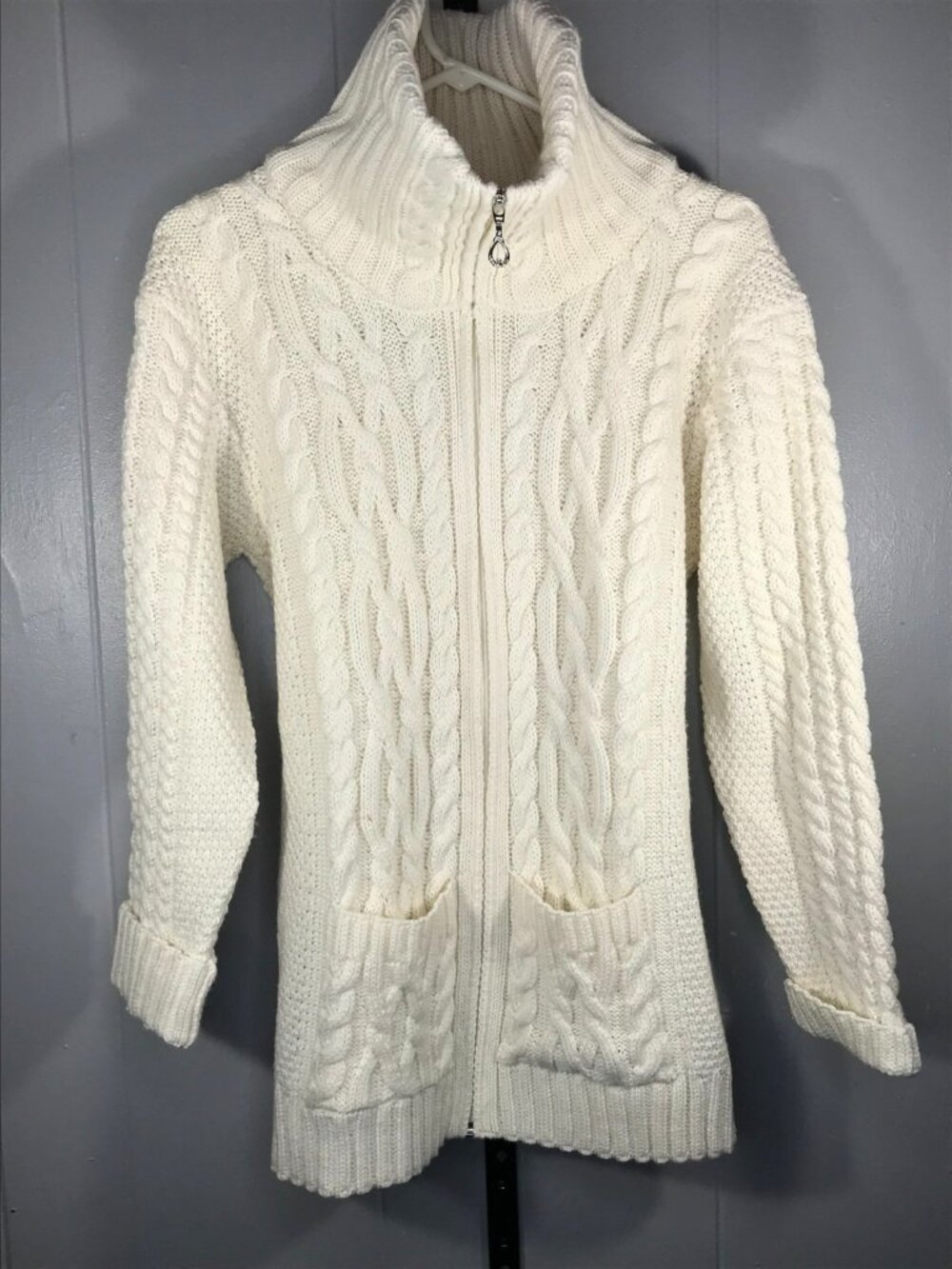 Aran Co. Sweater Womens Large White Merino Wool Full Zip Cable Knit Mock Neck